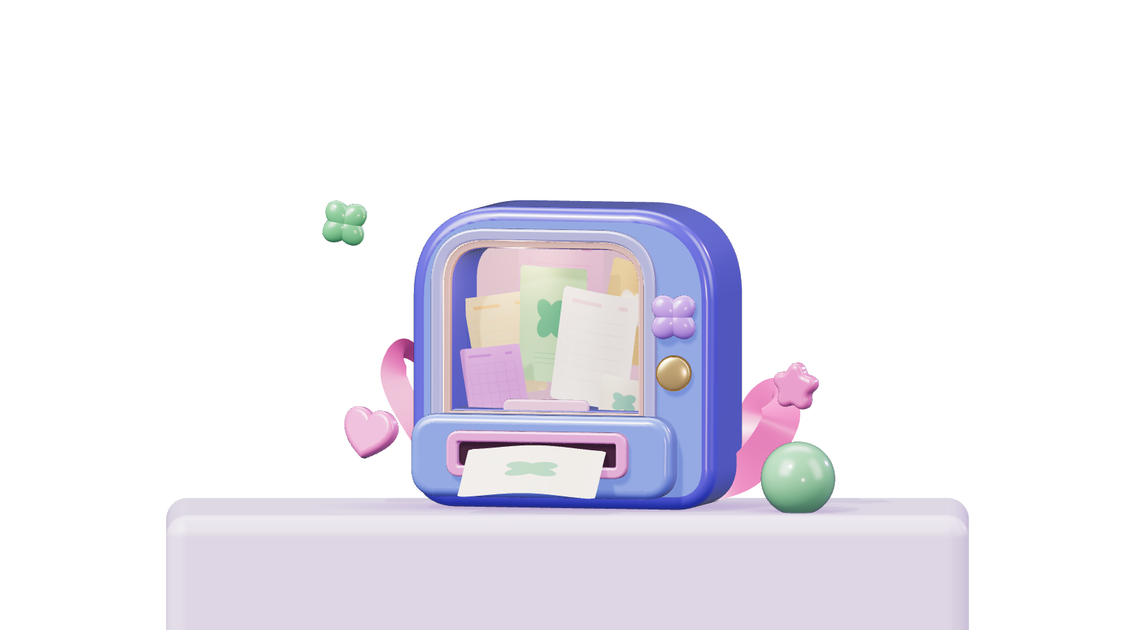 A blue and lavender freebie dispenser filled with planner gifts