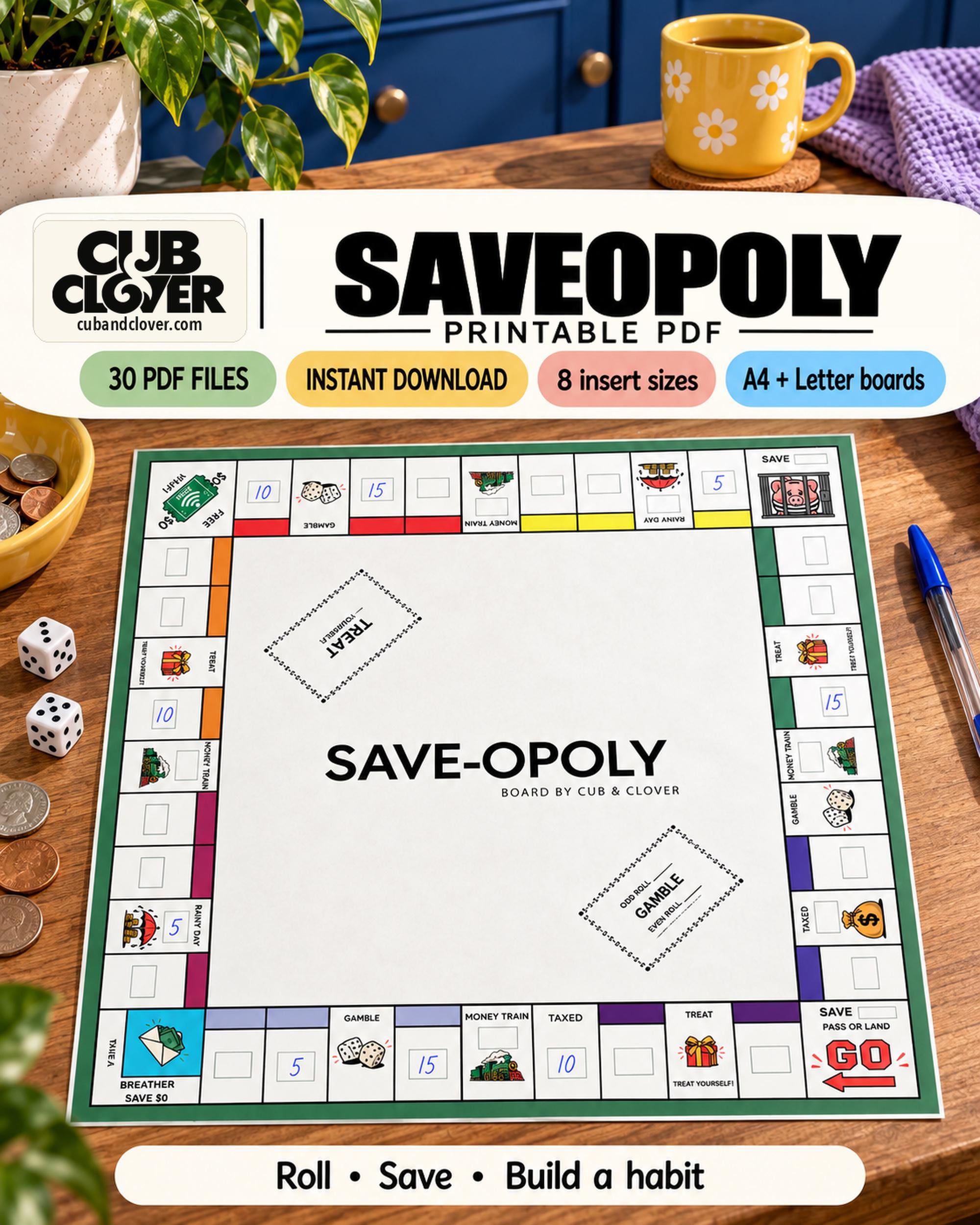 Actual SAVEOPOLY printable savings game listing artwork